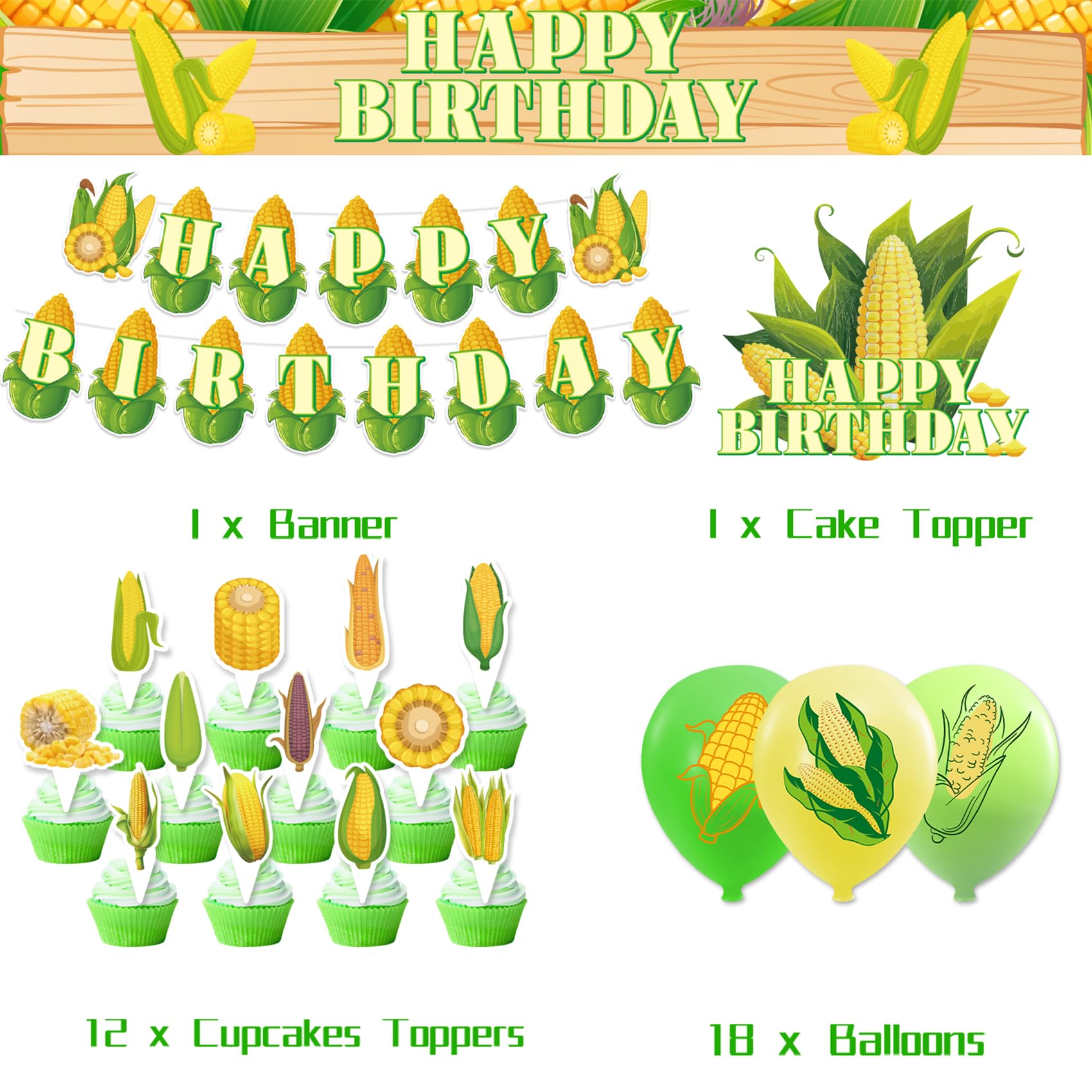 Corn Party Decorations Vegetable Corn Birthday Party Supplies Includes Corn Happy Birthday Banner Cake Topper Cupcake Toppers Balloons for Birthday Baby Shower Wedding Vegetable Party Decorations