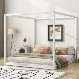 king size canopy bed frame, wood floor bed with 4 poster and wooden slats support, no box spring needed, white