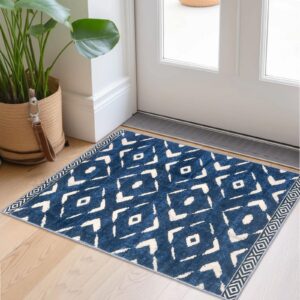 kilococo small rug 2'x3' entryway rug printed moroccan rug indoor door mat machine washable non slip soft throw rug for bedroom kitchen entrance geometric boho rug, blue