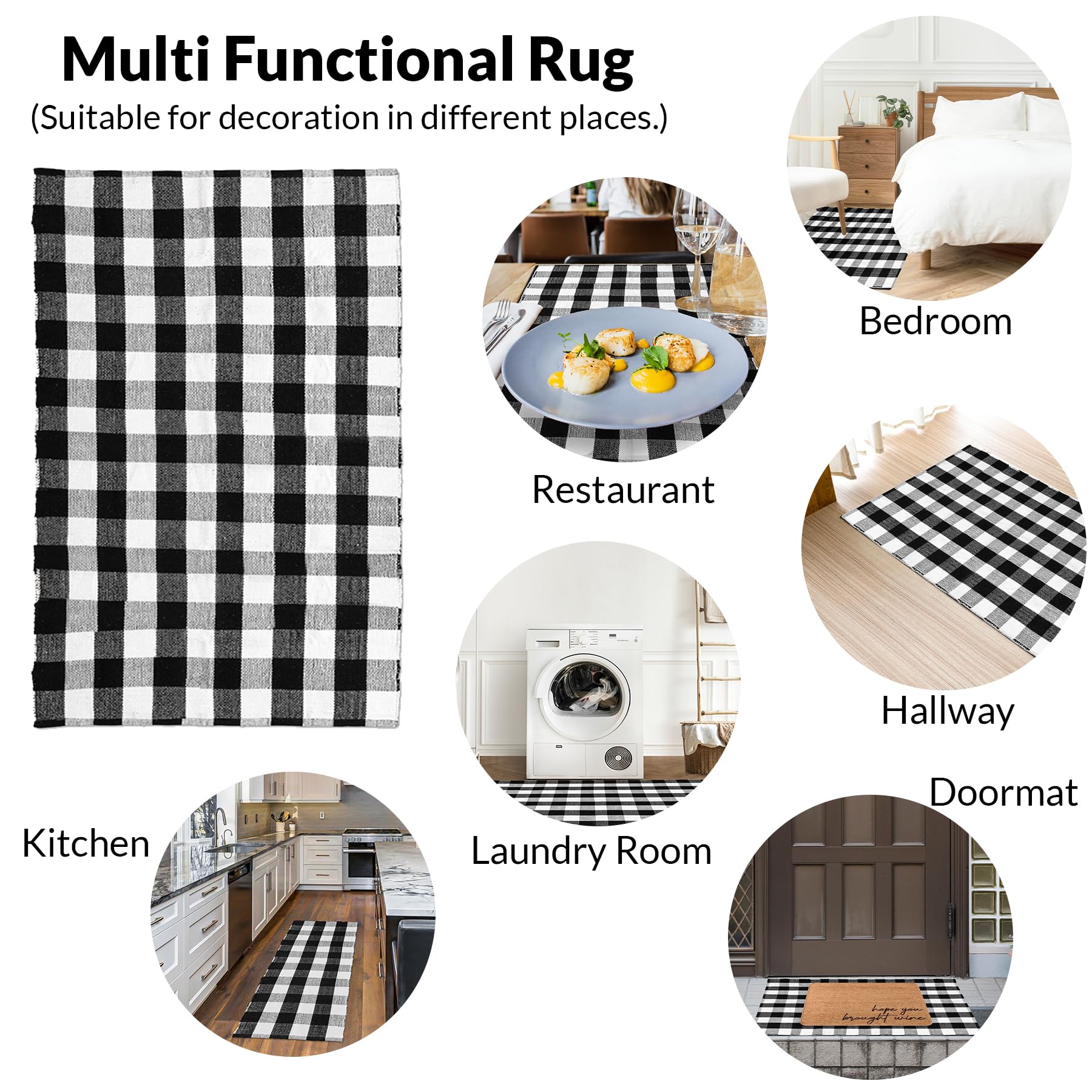 HOMEMONDE Cotton Buffalo Plaid Rug 27.5" x 43" | Black and White Checked Washable Doormat Reversible | Indoor and Outdoor Area Rug for Layered Front Door Mats, Porch, Kitchen, Farmhouse, Entryway