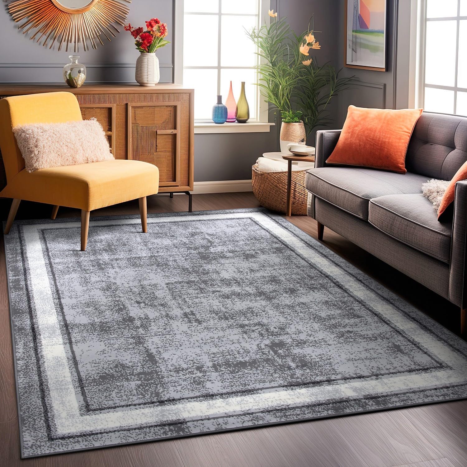 Rugshop Contemporary Distressed Bordered Soft Area Rug 5' x 7' Gray