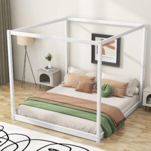 King Size Canopy Bed Frame, Wood Floor Bed with 4 Poster and Wooden Slats Support, No Box Spring Needed, White