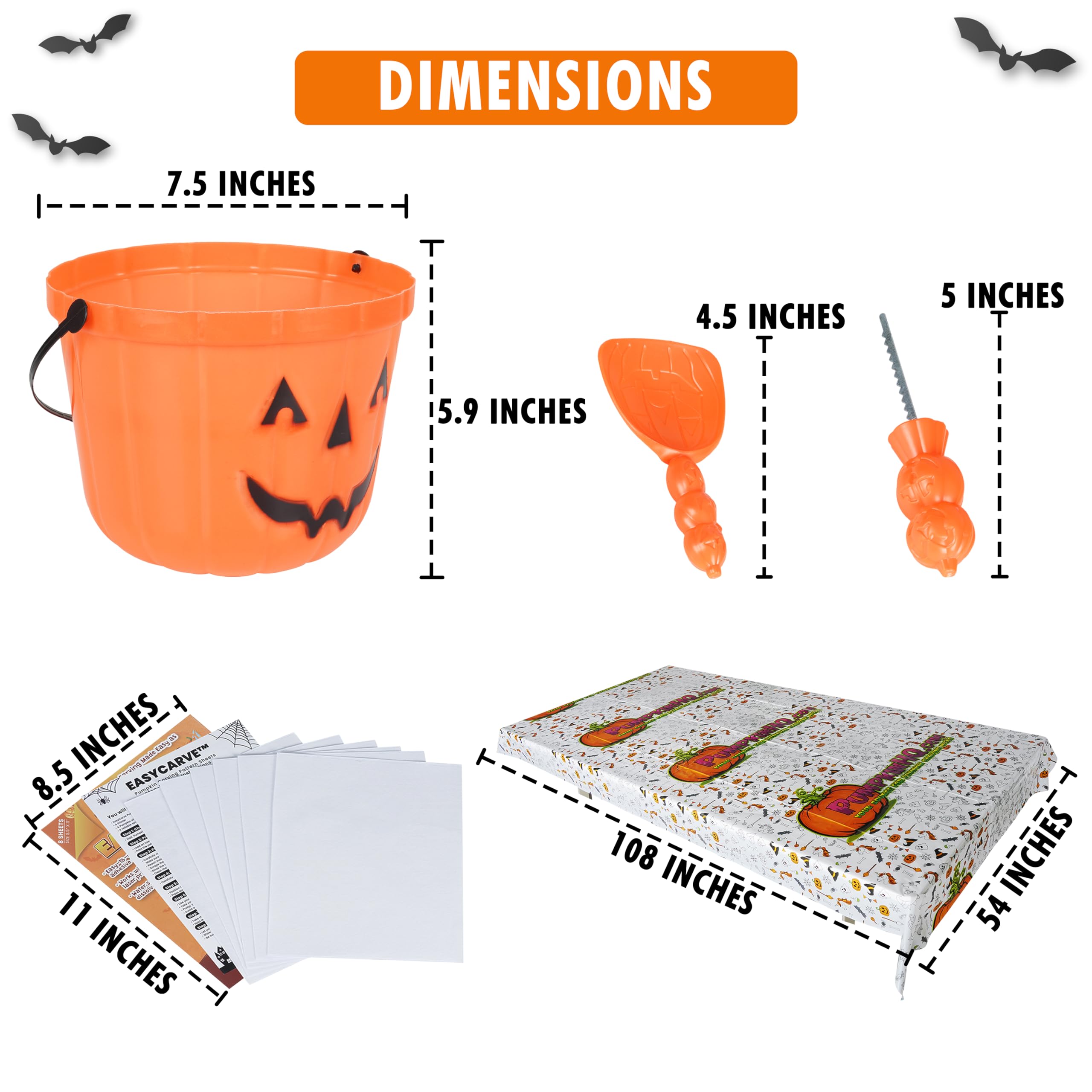 Halloween PumpKin Carving Party Kit – 8 Pcs Knives, Scoops, DIY Stencil Sheets, Gut Buckets & Table Cover – Heavy Duty Pumpkin Carving Kit for Halloween Door Decorations – Designed for 8 people