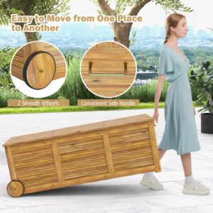 Tangkula 48 Gallon Outdoor Storage Box with Wheels, Portable Patio Acacia Wood Deck Box, with Side Handle, Waterproof Cover, for Patio, Balcony, Poolside, Garden (Natural)