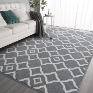 kimicole ultra soft shag area rug for living room, 4x6 grey/white fluffy geometric bedside bedroom rugs, modern moroccan memory foam dorm carpet indoor home decor for teens girls kids nursery