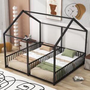 harper & bright designs twin house bed for 2 kids, double shared size kids beds, metal twin size bed frame, montessori floor kids,teens, boys & girls, can be decorated tent (double twin, black)