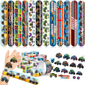 48PCS Monster Truck Party Favors - 24 Tattoos & 24 Slap Bracelets, Perfect for Big Car-Themed Birthdays, School Rewards, and Classroom Prizes for Boys & Girls