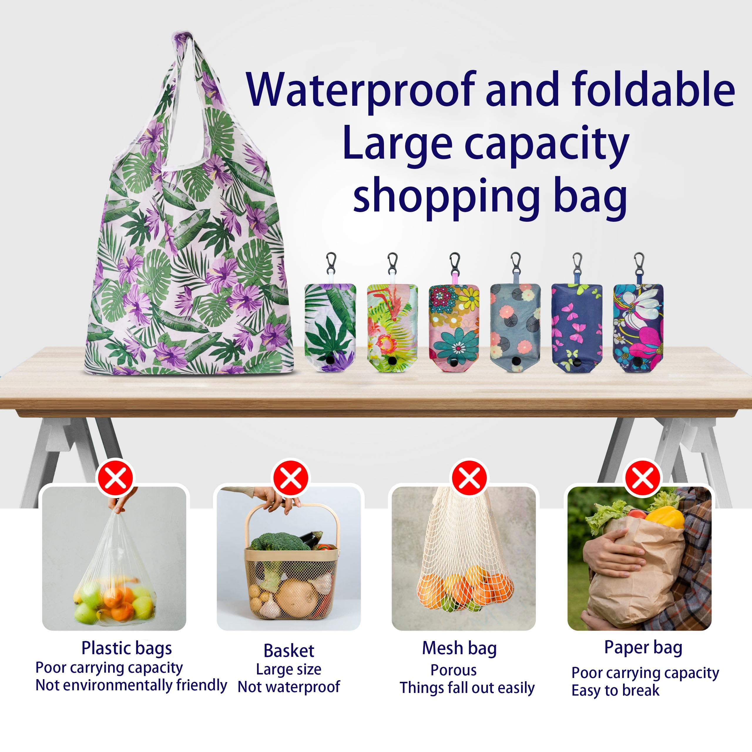 HIQU and HIST 6 Pcs Reusable Shopping Bags, Foldable Grocery Bags in Pocket, Eco-friendly Travel Recycle Shopping Bags,Waterproof and Machine Washable, for Daily Shopping Supplies load