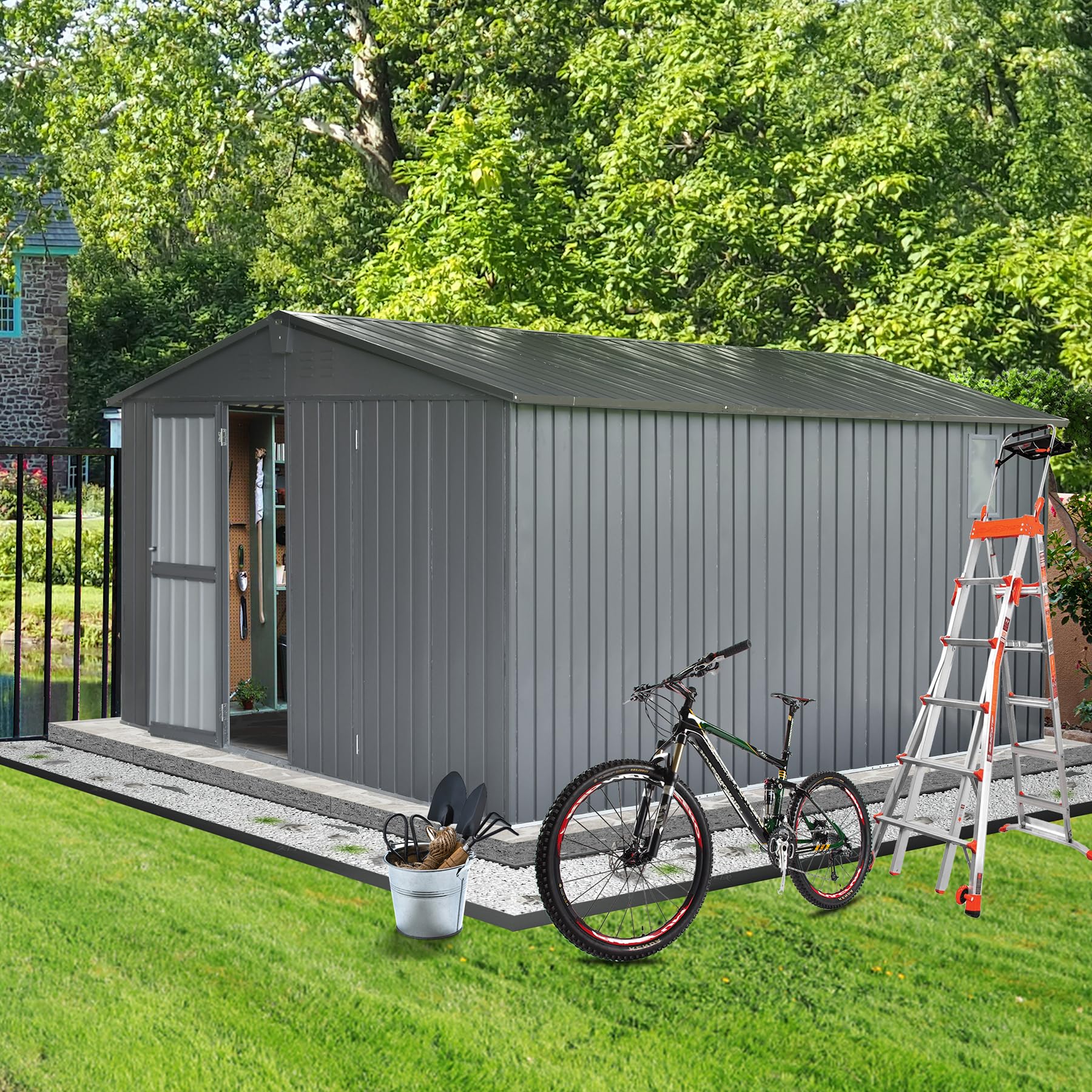 Domi Outdoor Storage Shed 11'x12.5', Metal Sheds Outdoor Storage with Lockable Doors & Air Vents for Patio Garden Lawn Backyard,Gray