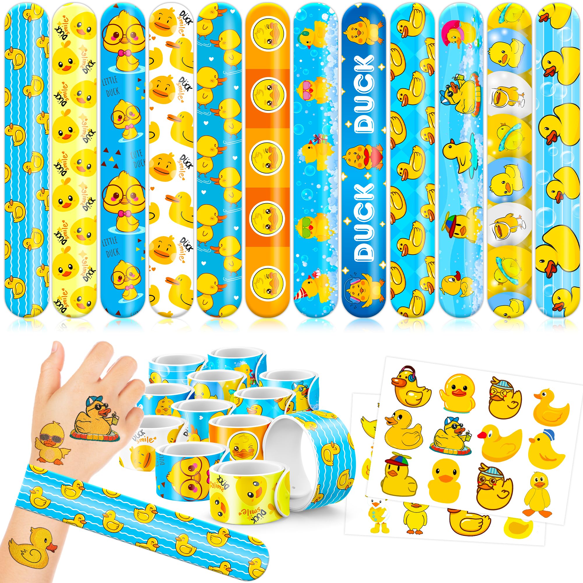 48PCS Duck Party Favors 24PCS Tattoos 24PCS Slap Bracelets Gifts Ideal Birthdays Party Supplies Decorations Cute Snap Bracelets Decor Baby Shower Classroom School Prizes Boys Girls Rewards