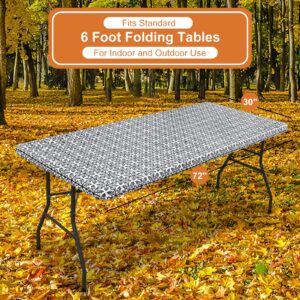 misaya Rectangle Vinyl Table Cloth, Elastic Fitted Flannel Backed Tablecloth, 100% Waterproof Plastic Table Cover Fits 6 Foot Folding Tables for Picnic, Camping, Outdoor (Black, 30" x 72")