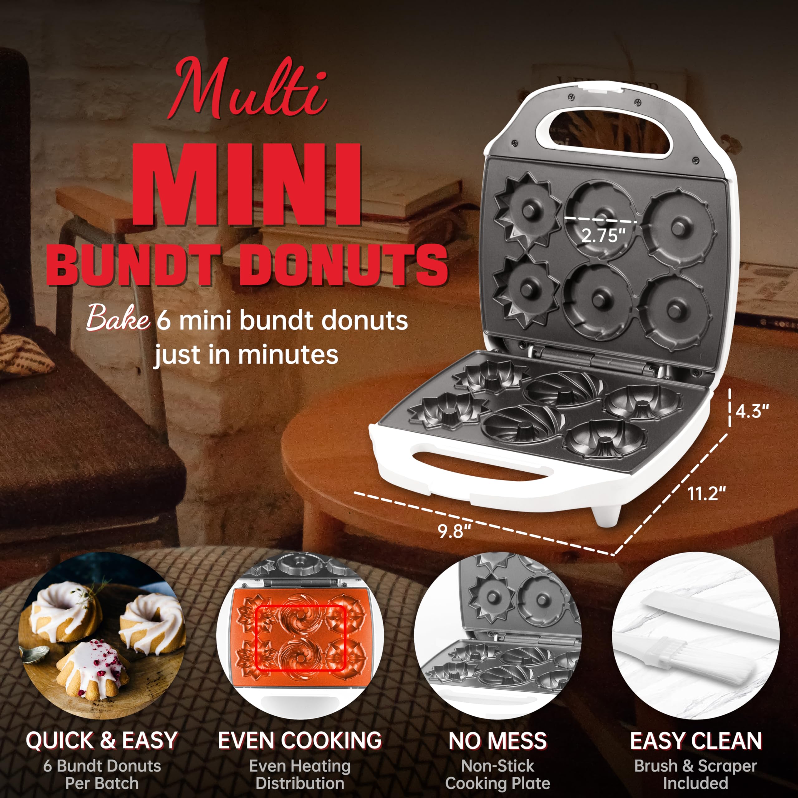 SugarWhisk Mini Donut Maker Machine, Electric Mini Bundt Cake Pan, Bake 6 Bundt Doughnuts with 3 Shapes, Excellent for Breakfast, Snacks, Desserts & More