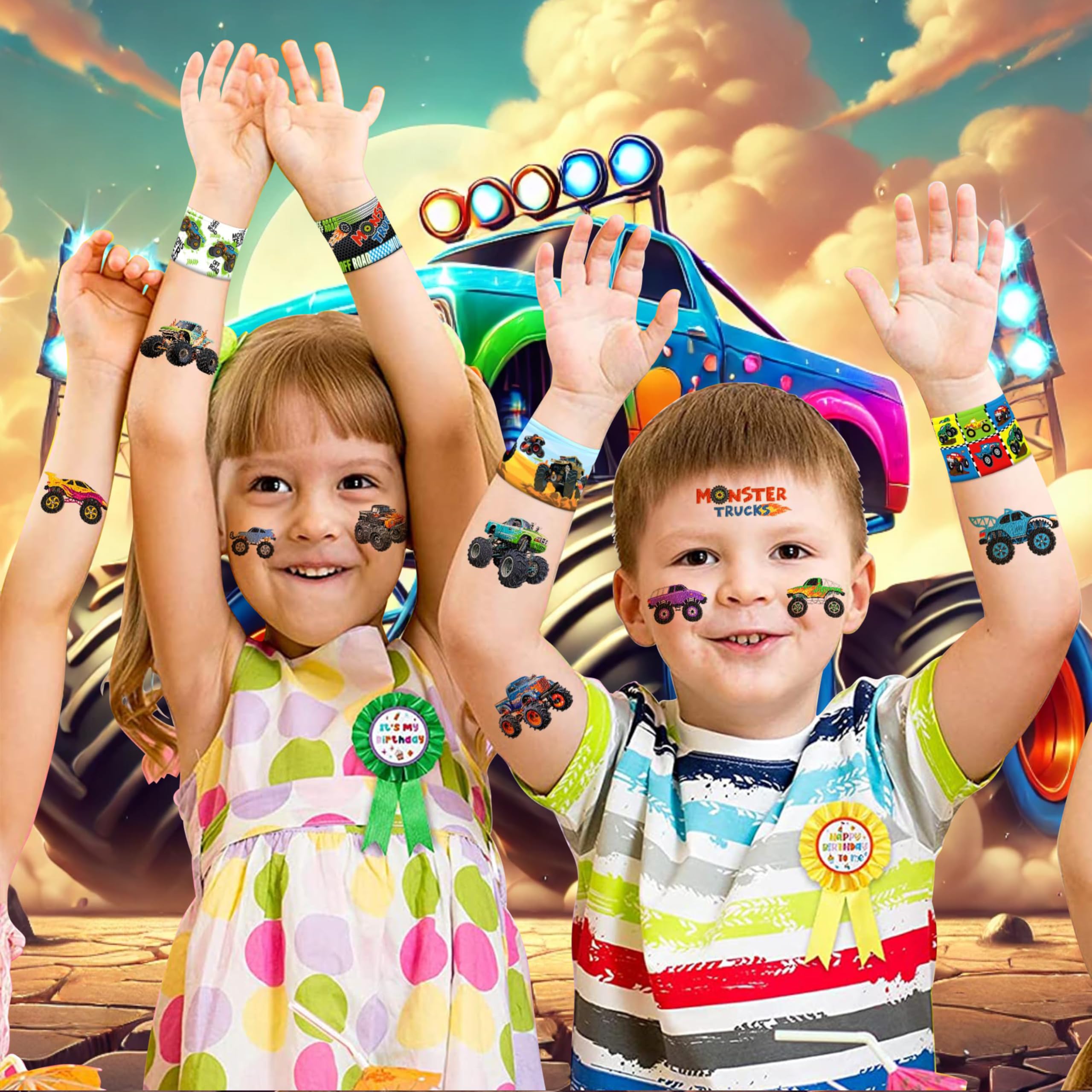 48PCS Monster Truck Party Favors - 24 Tattoos & 24 Slap Bracelets, Perfect for Big Car-Themed Birthdays, School Rewards, and Classroom Prizes for Boys & Girls