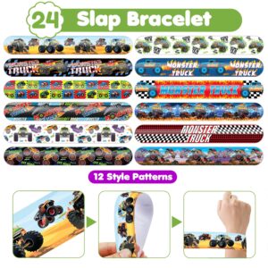 48PCS Monster Truck Party Favors - 24 Tattoos & 24 Slap Bracelets, Perfect for Big Car-Themed Birthdays, School Rewards, and Classroom Prizes for Boys & Girls