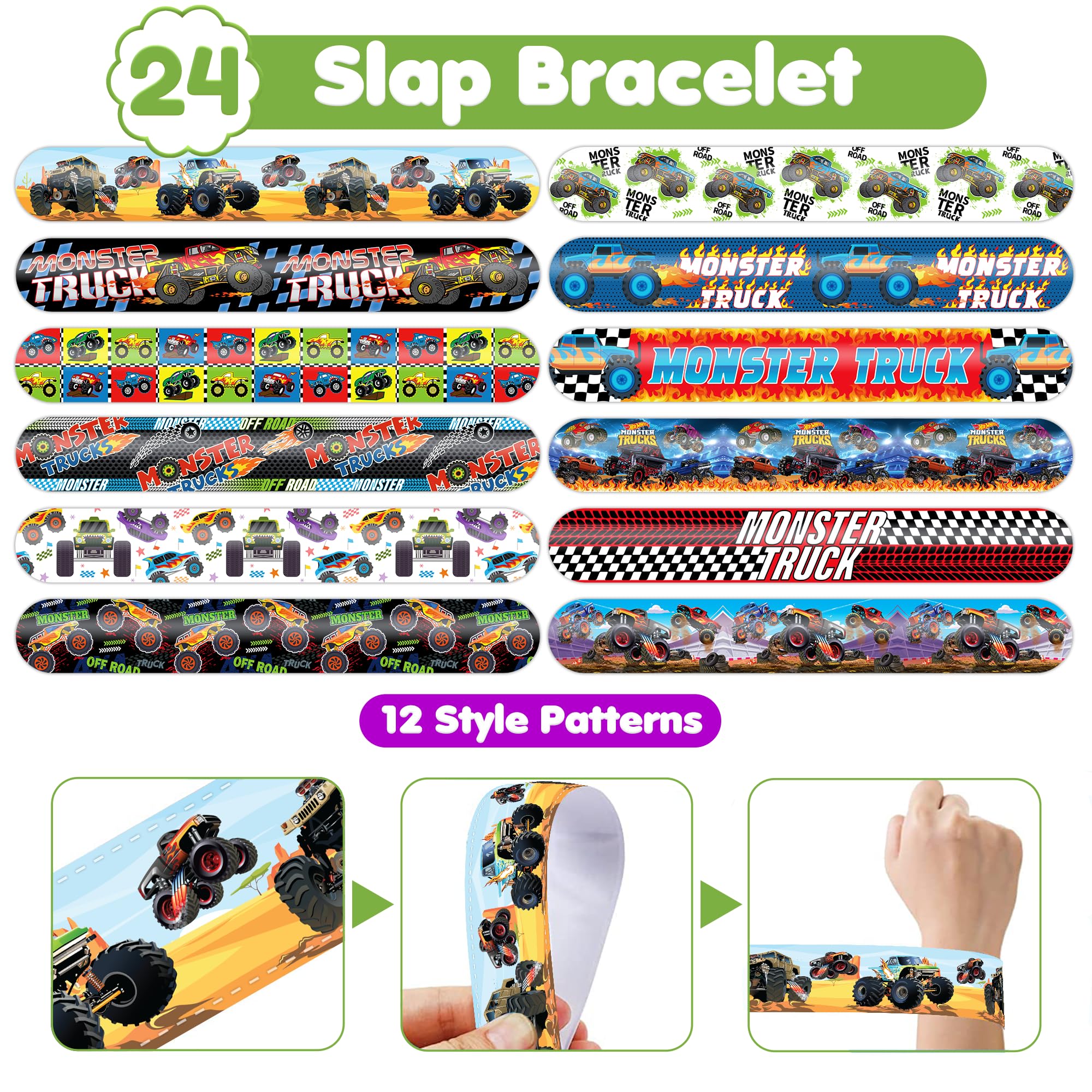 48PCS Monster Truck Party Favors - 24 Tattoos & 24 Slap Bracelets, Perfect for Big Car-Themed Birthdays, School Rewards, and Classroom Prizes for Boys & Girls