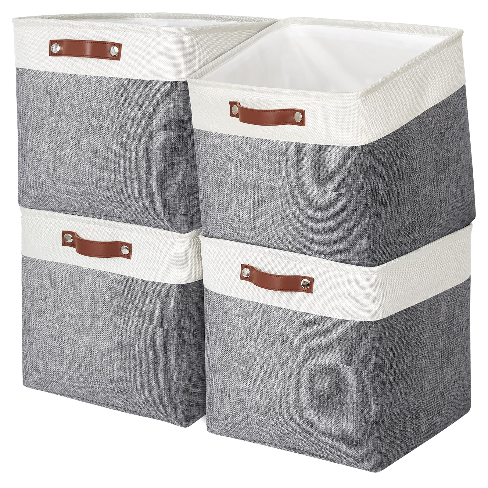 Pulnimus Cube Storage Bins for Shelves - Large 4 Pack 11x11x11 Fabric Storage Basket for Organizing with Handles for Clothes Toy Nursery Gift Laundry Book(White & Grey)