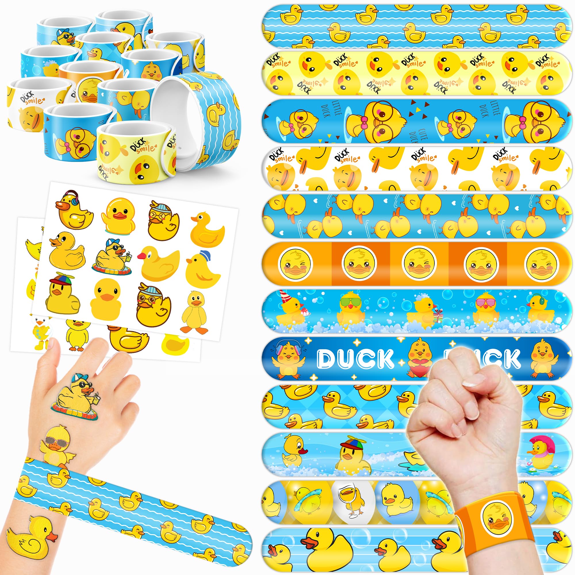 48PCS Duck Party Favors 24PCS Tattoos 24PCS Slap Bracelets Gifts Ideal Birthdays Party Supplies Decorations Cute Snap Bracelets Decor Baby Shower Classroom School Prizes Boys Girls Rewards