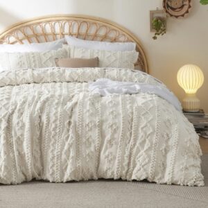 bedsure boho duvet cover queen - tufted duvet cover queen size for all seasons, 3 pieces soft shabby chic embroidery boho bedding duvet cover for gifts (beige, queen, 90x90)