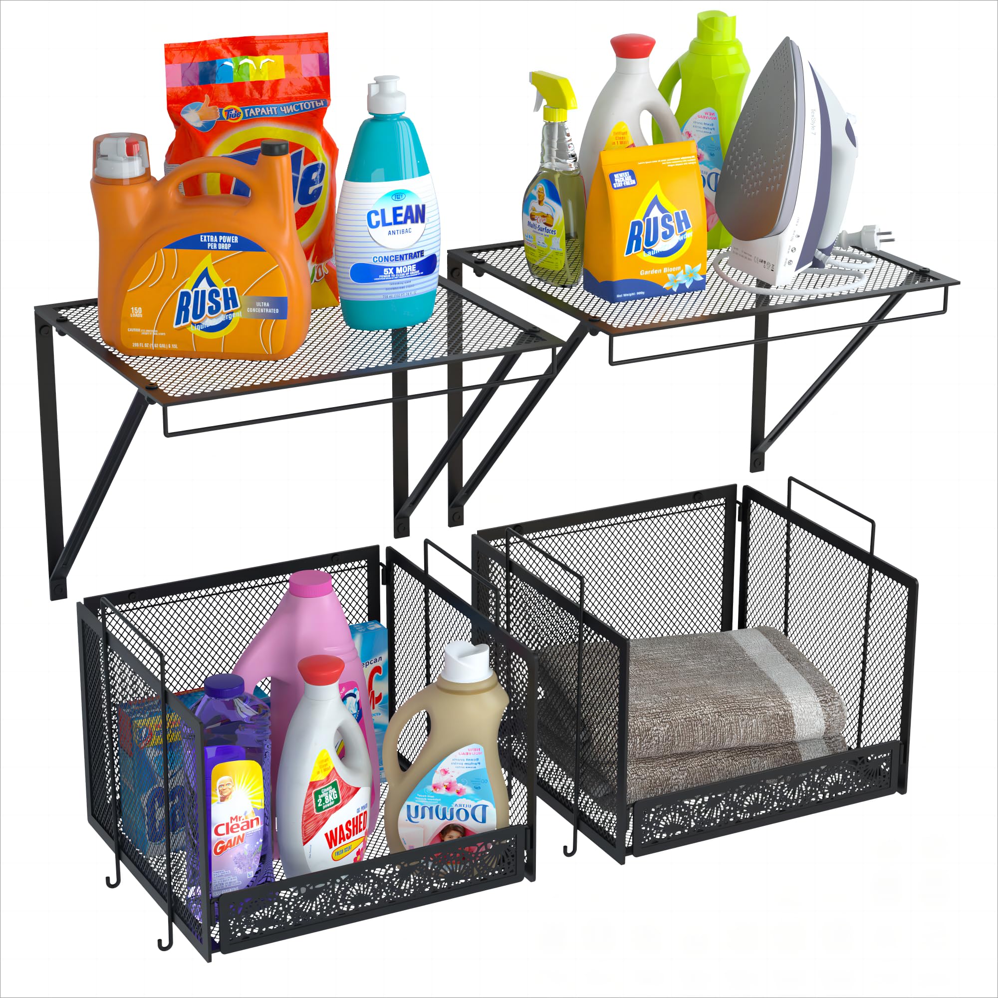 vimiroo 4 Pack Laundry Room Shelves with Steel Mesh Baskets, Easy Install Laundry Room Organization and Storage, Over The Washer and Dryer Shelf with Clothes Drying Rack with 10 Hook