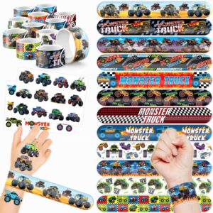 48pcs monster truck party favors - 24 tattoos & 24 slap bracelets, perfect for big car-themed birthdays, school rewards, and classroom prizes for boys & girls