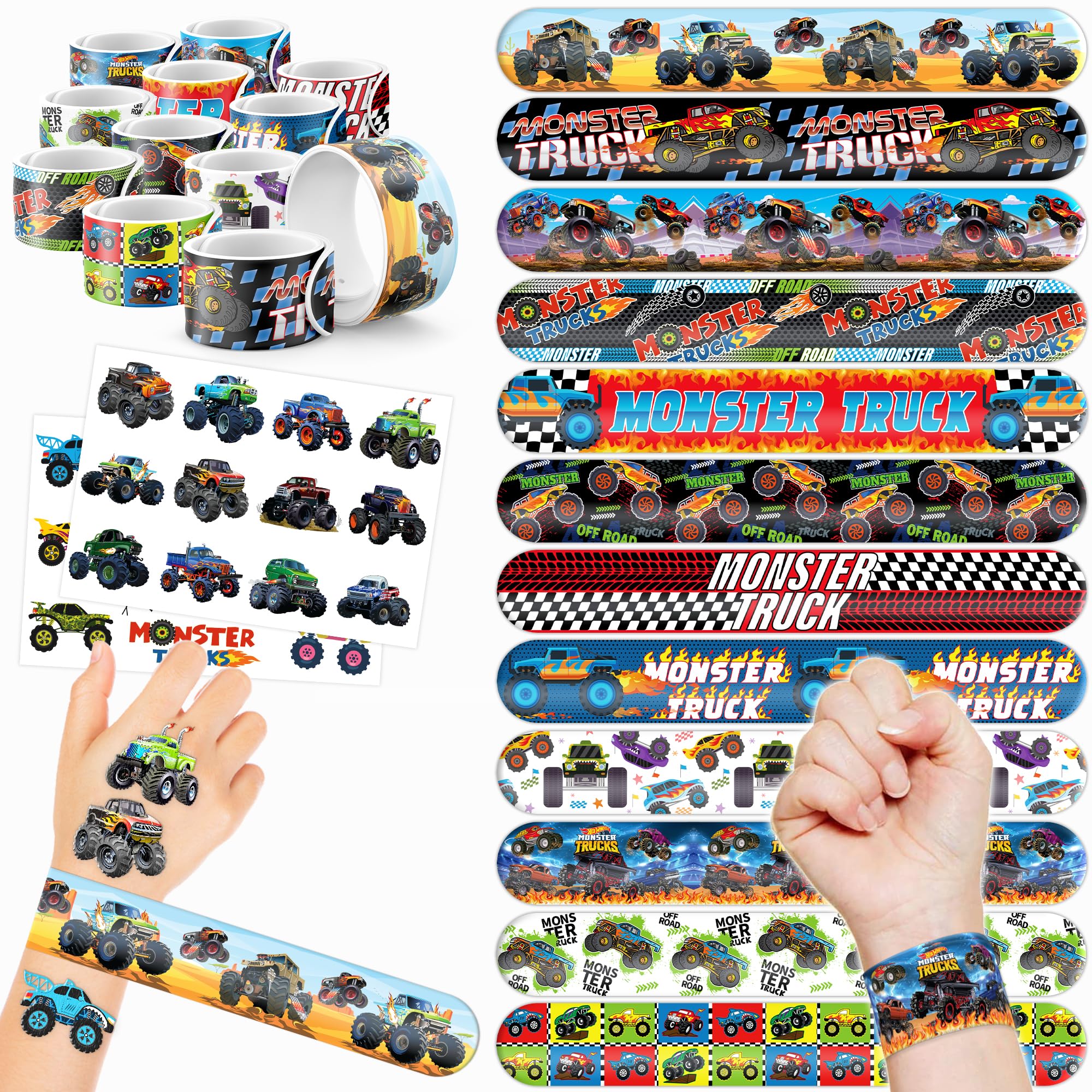 48PCS Monster Truck Party Favors - 24 Tattoos & 24 Slap Bracelets, Perfect for Big Car-Themed Birthdays, School Rewards, and Classroom Prizes for Boys & Girls