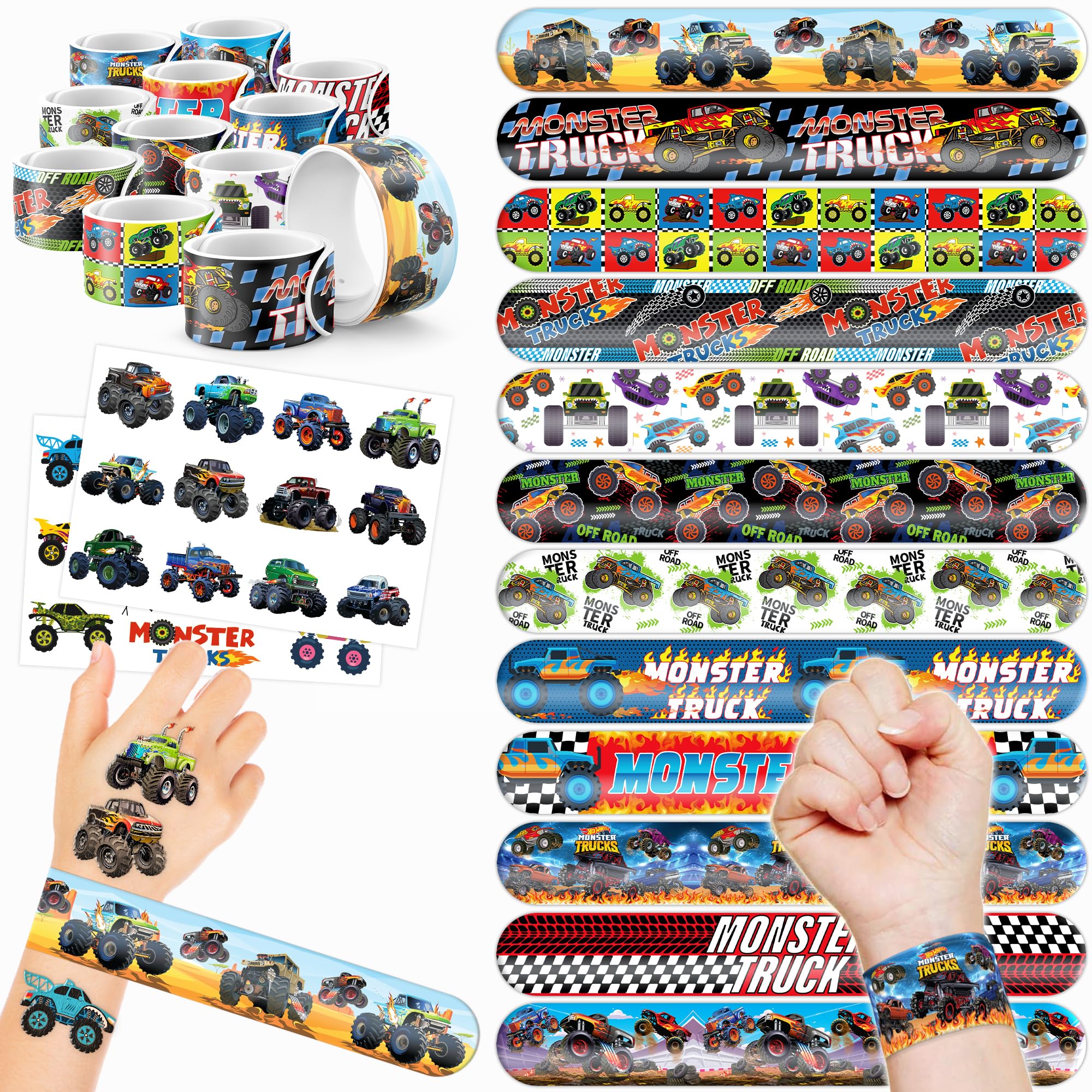 48PCS Monster Truck Party Favors - 24 Tattoos & 24 Slap Bracelets, Perfect for Big Car-Themed Birthdays, School Rewards, and Classroom Prizes for Boys & Girls