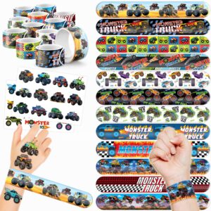 48PCS Monster Truck Party Favors - 24 Tattoos & 24 Slap Bracelets, Perfect for Big Car-Themed Birthdays, School Rewards, and Classroom Prizes for Boys & Girls