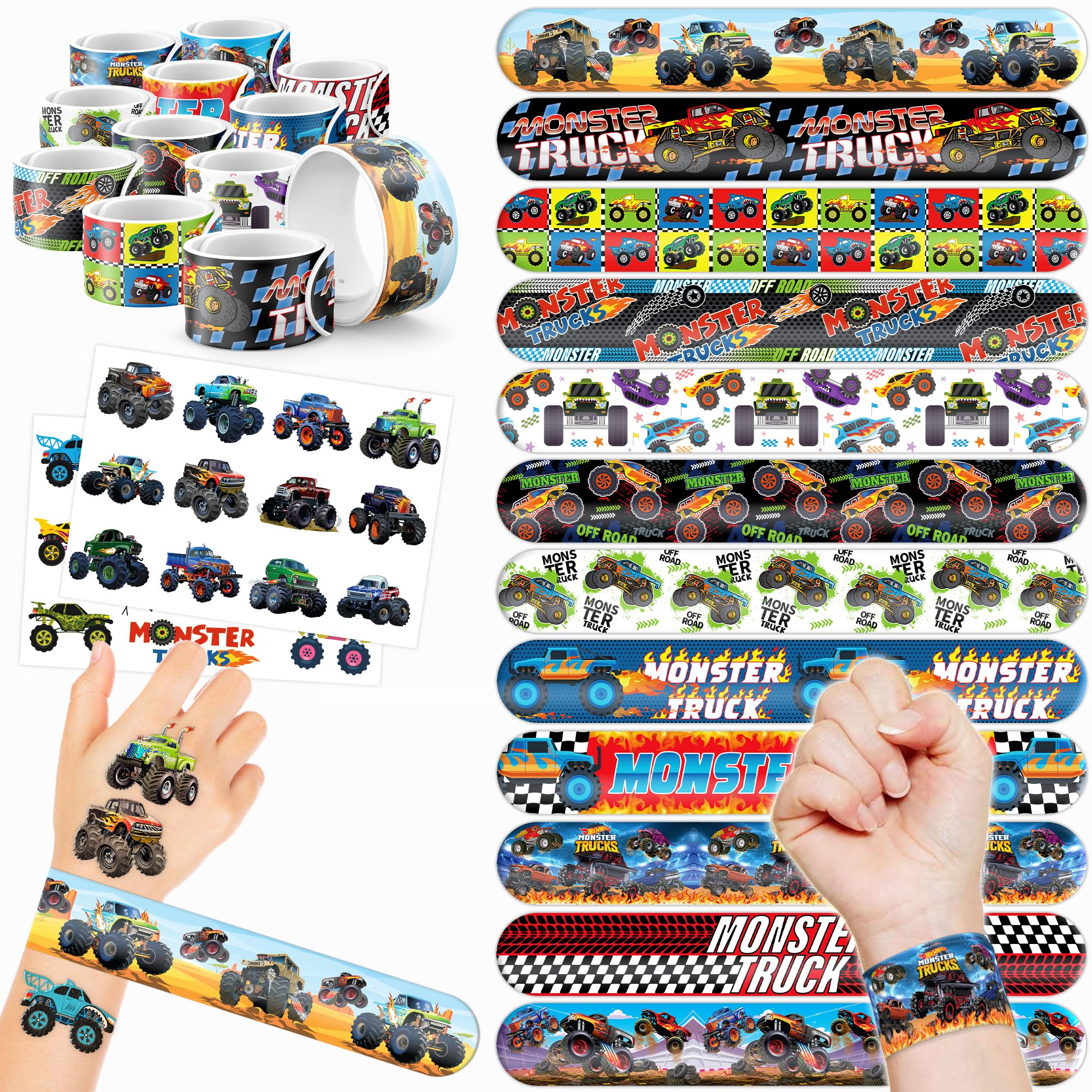 48PCS Monster Truck Party Favors - 24 Tattoos & 24 Slap Bracelets, Perfect for Big Car-Themed Birthdays, School Rewards, and Classroom Prizes for Boys & Girls