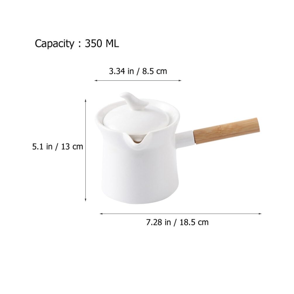 BESTonZON Ceramic Milk Warmer Pot 350ml Enamel Milk Pan Non-stick Milk Saucepan with Lid Porcelain Coffee Pot Food Bowl Butter Warmer with Wooden Handle for Heating Liquid Appetizer