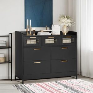 HOSTACK Modern 7 Drawer Dresser, Wide Chest of Drawers with Fence, Wood Storage Organizer with Gold Handle & Fluted Glass, Accent Storage Cabinet for Living Room, Entryway, Black