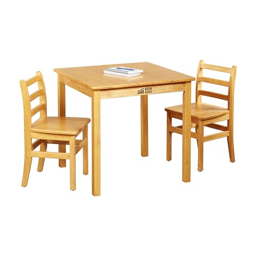 ECR4Kids 30in x 30in Square Hardwood Table with 28in Legs and Two 16in Chairs, Kids Furniture, Honey