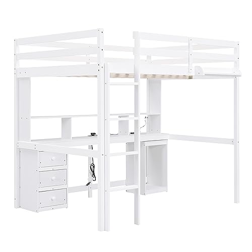 DEYOBED Full Size Loft Bed, Wooden Bed Frame with Desk, Shelves, Cabinet, 3 Drawers, Bedside Tray, LED Lights, and USB Charging Station for Kids, Teens, Adults - White