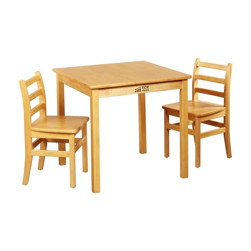 ECR4Kids 30in x 30in Square Hardwood Table with 28in Legs and Two 16in Chairs, Kids Furniture, Honey