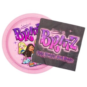 silver buffalo bratz dolls 32-piece purple paper napkin and plate party pack featuring yasmin, sasha, jade, and cloe