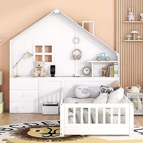 DEYOBED Twin Size House Bed, Cozy and Functional Platform Bed with Window, Bedside Drawers, Shelves, Sockets, and USB Port, Ideal for Kids, Teens, Girls, Boys, and Adults, White