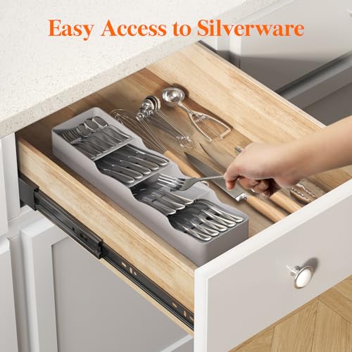 Lifewit Compact Flatware Drawer Organizer, Narrow Silverware Tray for Kitchen Drawers, Plastic Cutlery Holder for Spoons, Forks and Knives, Utensils Storage Organization, Gray