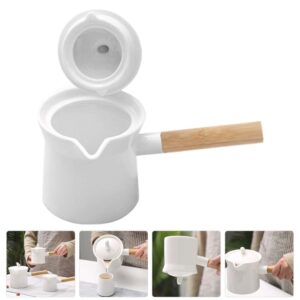 BESTonZON Ceramic Milk Warmer Pot 350ml Enamel Milk Pan Non-stick Milk Saucepan with Lid Porcelain Coffee Pot Food Bowl Butter Warmer with Wooden Handle for Heating Liquid Appetizer