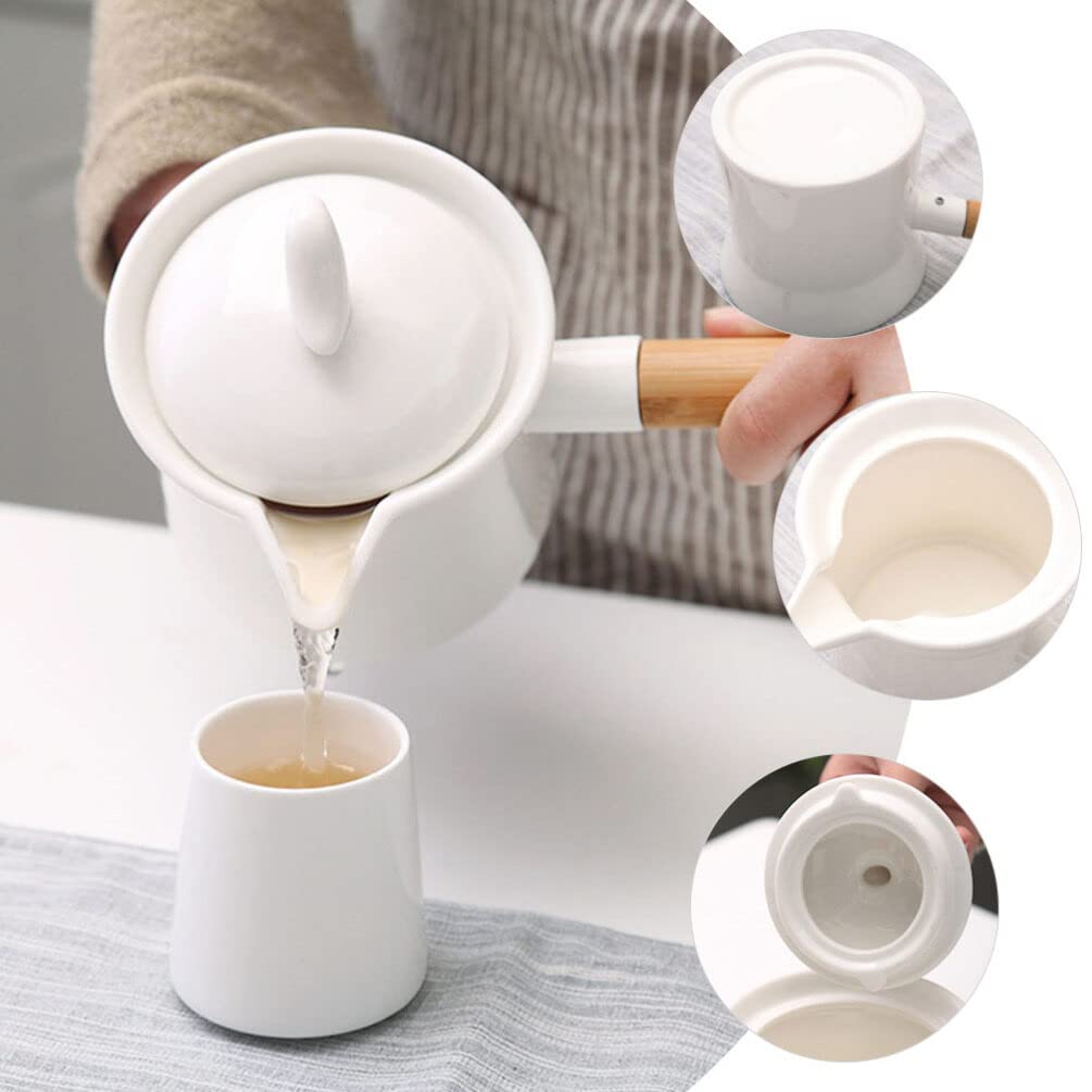 BESTonZON Ceramic Milk Warmer Pot 350ml Enamel Milk Pan Non-stick Milk Saucepan with Lid Porcelain Coffee Pot Food Bowl Butter Warmer with Wooden Handle for Heating Liquid Appetizer