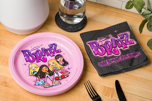 Silver Buffalo Bratz Dolls 32-Piece Purple Paper Napkin and Plate Party Pack Featuring Yasmin, Sasha, Jade, and Cloe