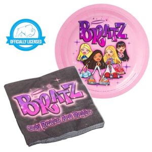 Silver Buffalo Bratz Dolls 32-Piece Purple Paper Napkin and Plate Party Pack Featuring Yasmin, Sasha, Jade, and Cloe