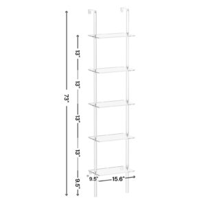 CRTERICX Small Acrylic Ladder Bookshelf, 9.5" D x 15.6" W, 5-Tier Clear Wall Mounted Book Shelf for Small Spaces, Multipurpose Bookcase for Living Room, Bathroom, Office, Modern, 73" H