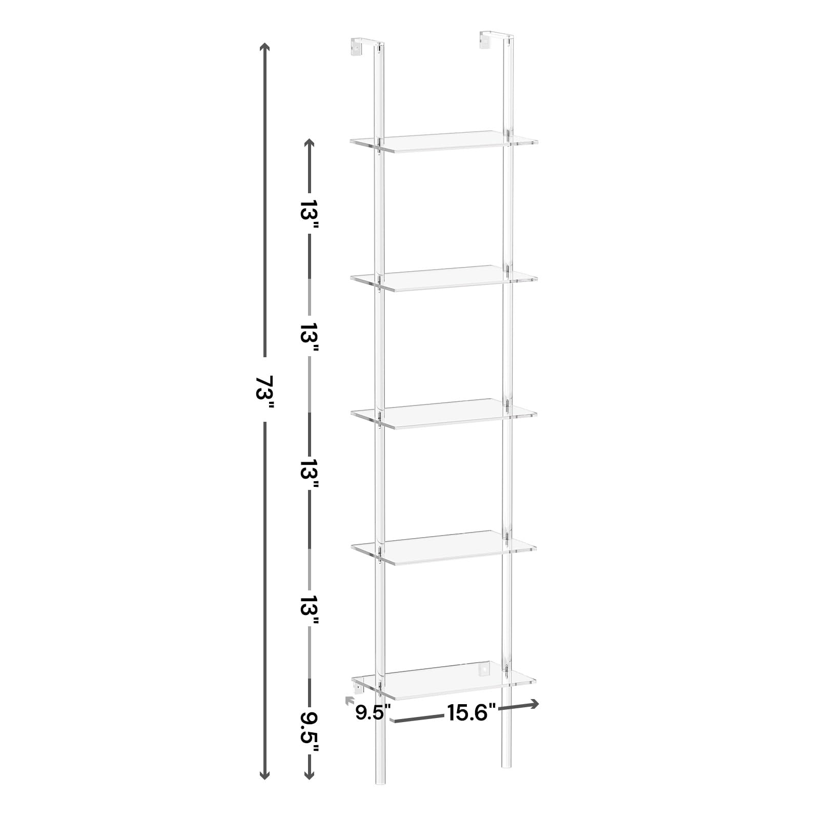 CRTERICX Small Acrylic Ladder Bookshelf, 9.5" D x 15.6" W, 5-Tier Clear Wall Mounted Book Shelf for Small Spaces, Multipurpose Bookcase for Living Room, Bathroom, Office, Modern, 73" H