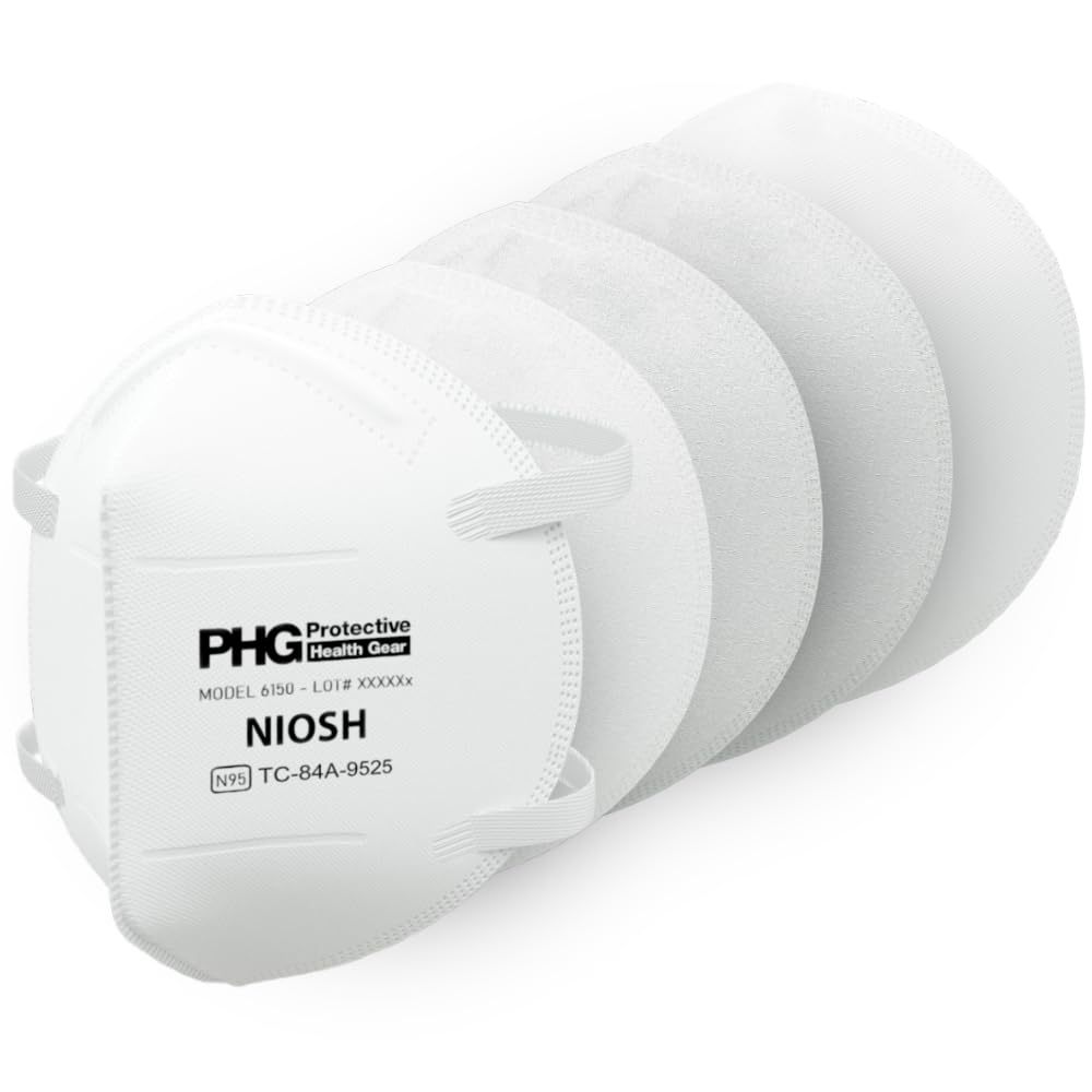 PHG PROTECTIVE HEALTH GEAR N95 Particulate Filtering Respirators, NIOSH Certified, MADE IN USA, For Medical & Personal Use, Head-Straps, 20 Individually Wrapped Masks