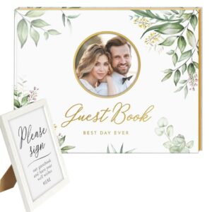 Wedding Guest Book with Photo Frame - Elegant Flower Design Hardcover with Golden Edges Wedding Guest Book - 120 Pages for Wedding Reception, Bridal Shower, and Special Events