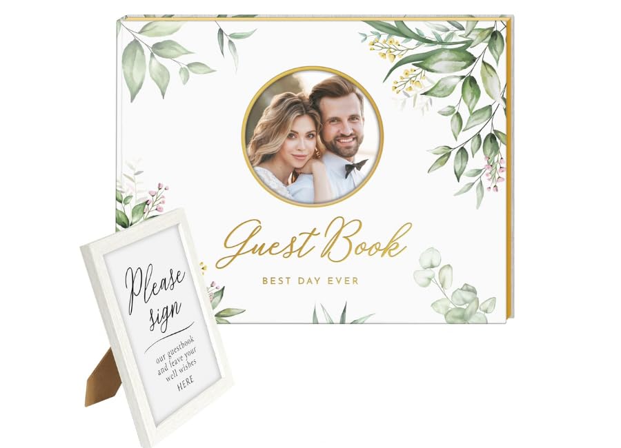 Wedding Guest Book with Photo Frame - Elegant Flower Design Hardcover with Golden Edges Wedding Guest Book - 120 Pages for Wedding Reception, Bridal Shower, and Special Events