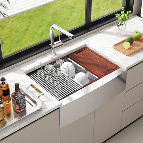 VEVOR 33 inch Farmhouse Kitchen Sink, 304 Stainless Steel Sink, Top Mount Single Bowl Kitchen Sinks with Ledge & Accessories, Household Dishwasher Sinks for Farm, Prep Kitchen, Garage and Bar Sink