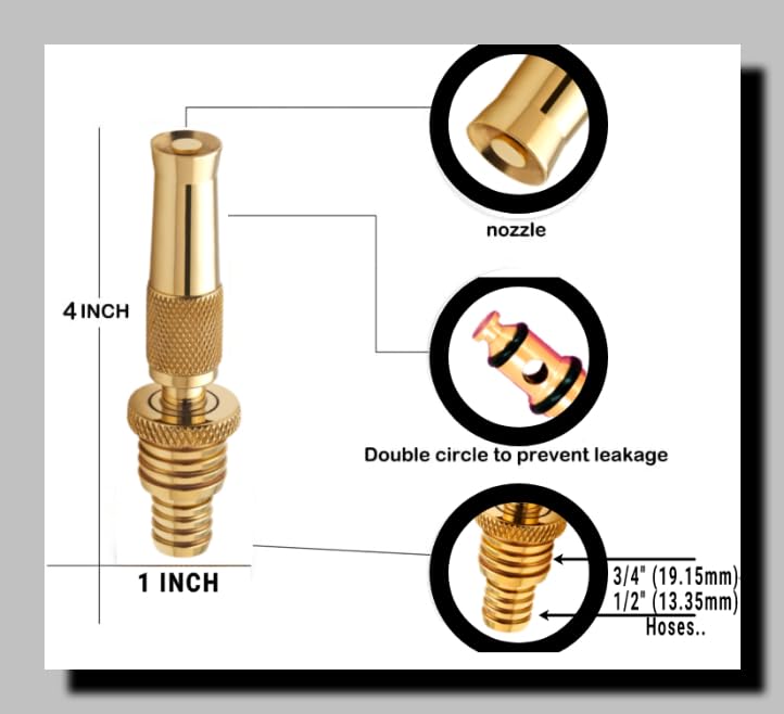 Khanjan Adjustable Spray Nozzle - 2-in-1 Brass Water Jet Spray Gun Nozzle with Clamps for Effortless Garden Watering, Car Washing, and House Cleaning - Universal Fit for ¾” and ½” Hoses