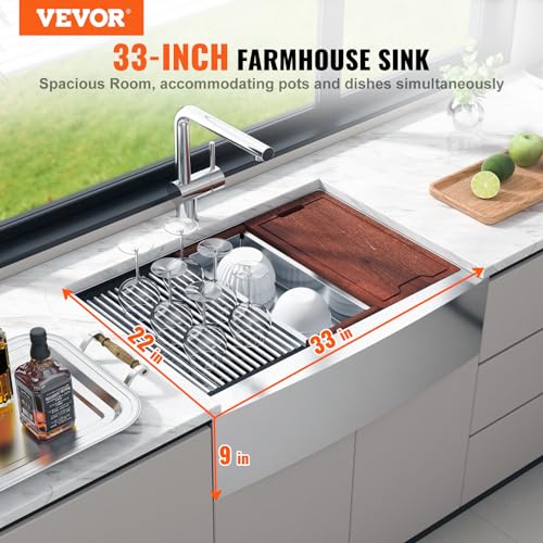 VEVOR 33 inch Farmhouse Kitchen Sink, 304 Stainless Steel Sink, Top Mount Single Bowl Kitchen Sinks with Ledge & Accessories, Household Dishwasher Sinks for Farm, Prep Kitchen, Garage and Bar Sink