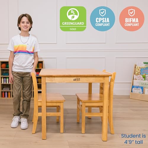 ECR4Kids 30in x 30in Square Hardwood Table with 28in Legs and Two 16in Chairs, Kids Furniture, Honey