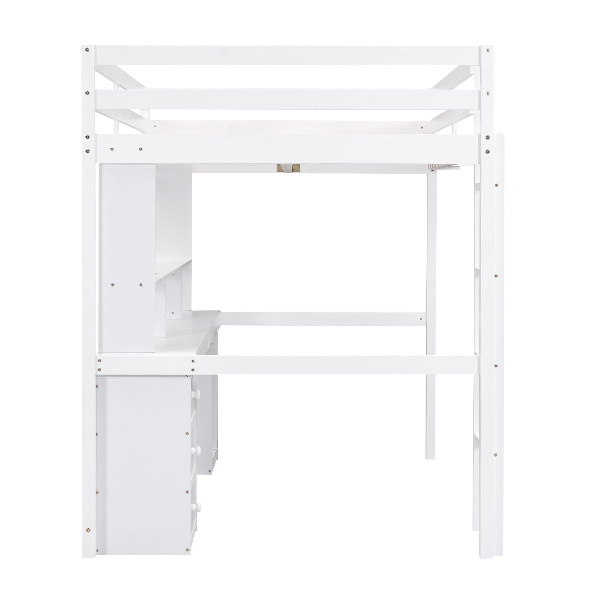 DEYOBED Full Size Loft Bed, Wooden Bed Frame with Desk, Shelves, Cabinet, 3 Drawers, Bedside Tray, LED Lights, and USB Charging Station for Kids, Teens, Adults - White